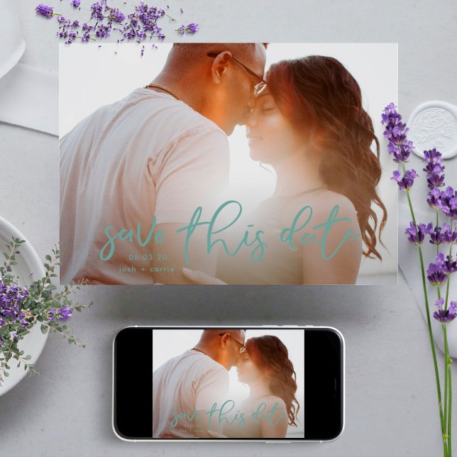 Sage Sea Foam Green Photo Classic Calligraphy Save The Date (Creator Uploaded)