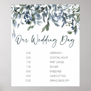Sage Silver Green Floral Wedding Schedule Poster