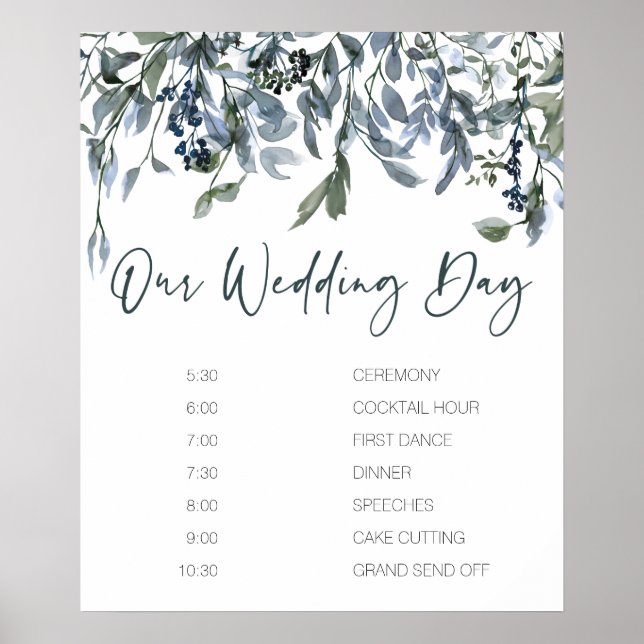 Sage Silver Green Floral Wedding Schedule Poster (Front)
