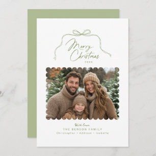 Sage Simple Bow Scalloped Photo Christmas Card
