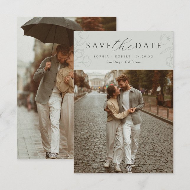Sage | Simple Calligraphy Floral Wedding Photo Save The Date (Front/Back)