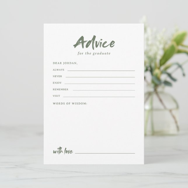 Sage Simple Modern Brush Script Graduation Advice Card (Standing Front)