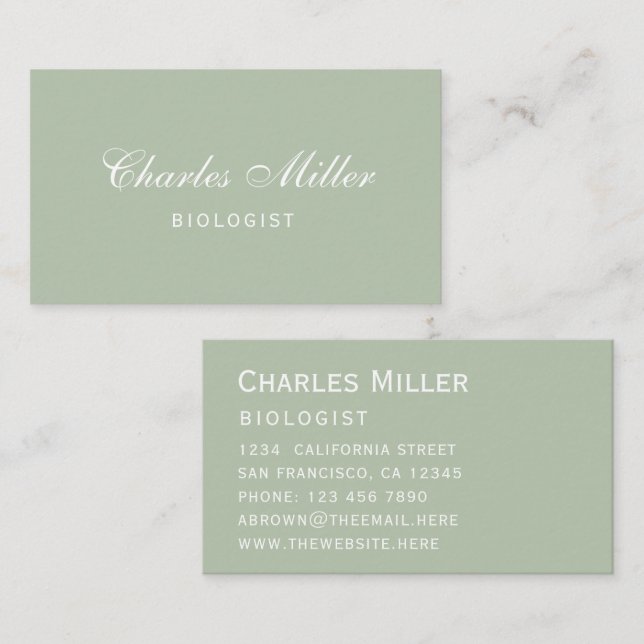 Sage Simple Modern Green White Elegant Script Business Card (Front/Back)