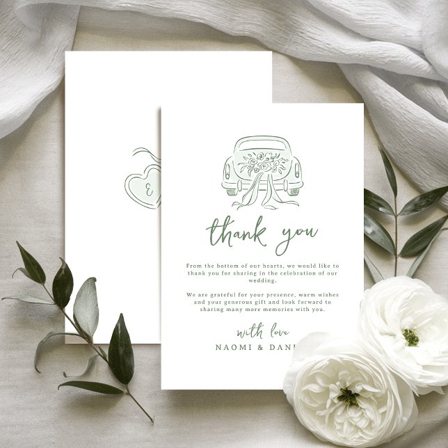 Sage Sketched Just Married Car Couples Monogram Thank You Card (Sage Sketched Just Married Car Couples Monogram Thank You Card)