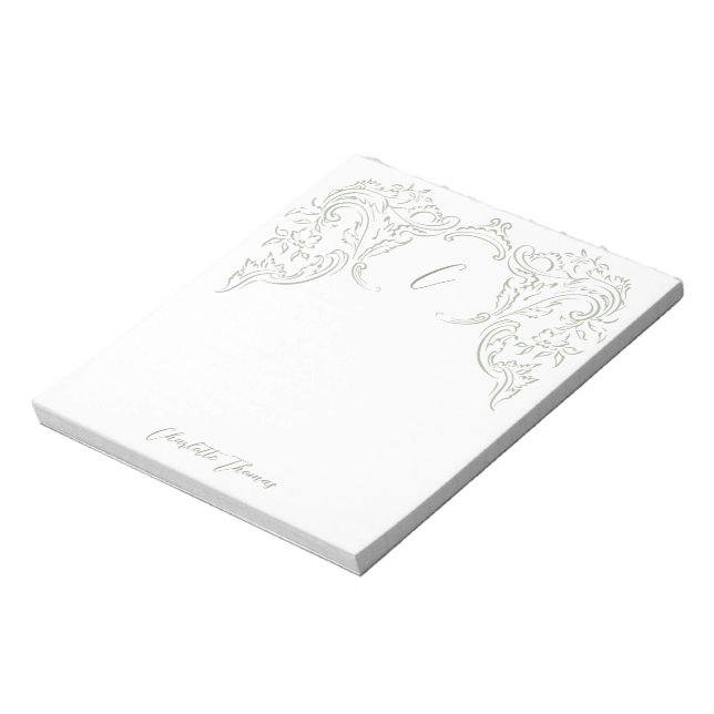 Sage Sketched Vintage Flourish Monogram Stationery Notepad (Rotated)