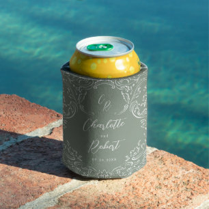 Sage Sketched Vintage Flourish Monogram Wedding Can Cooler