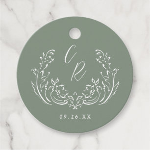 Sage Sketched Vintage Flourish Monogram Wedding Favour Tags