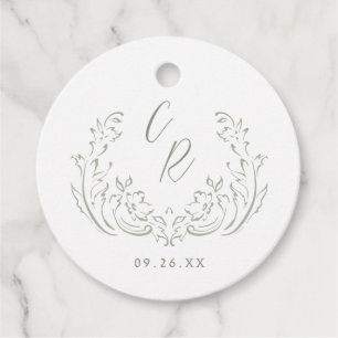 Sage Sketched Vintage Flourish Monogram Wedding Favour Tags