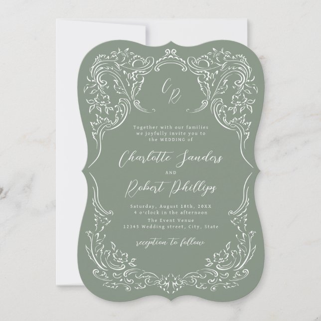 Sage Sketched Vintage Flourish Monogram Wedding Invitation (Front)