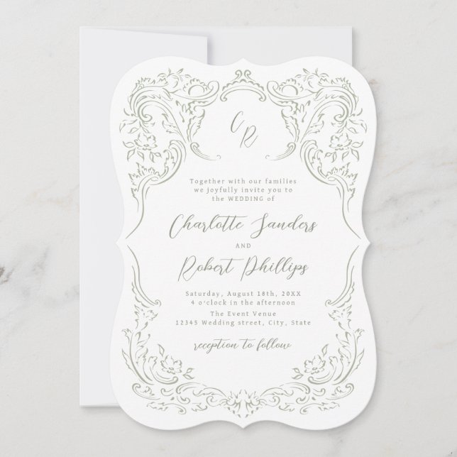 Sage Sketched Vintage Flourish Monogram Wedding Invitation (Front)