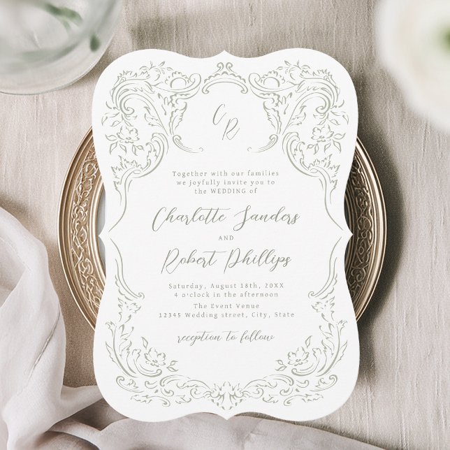 Sage Sketched Vintage Flourish Monogram Wedding Invitation (Sage Sketched Vintage Flourish Monogram Wedding Invitation)