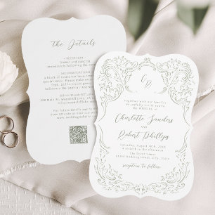 Sage Sketched Vintage Flourish Monogram Wedding Invitation