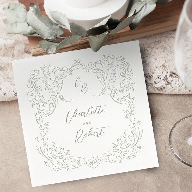 Sage Sketched Vintage Flourish Monogram Wedding Napkin (Sage Sketched Vintage Flourish Monogram Wedding Napkins)