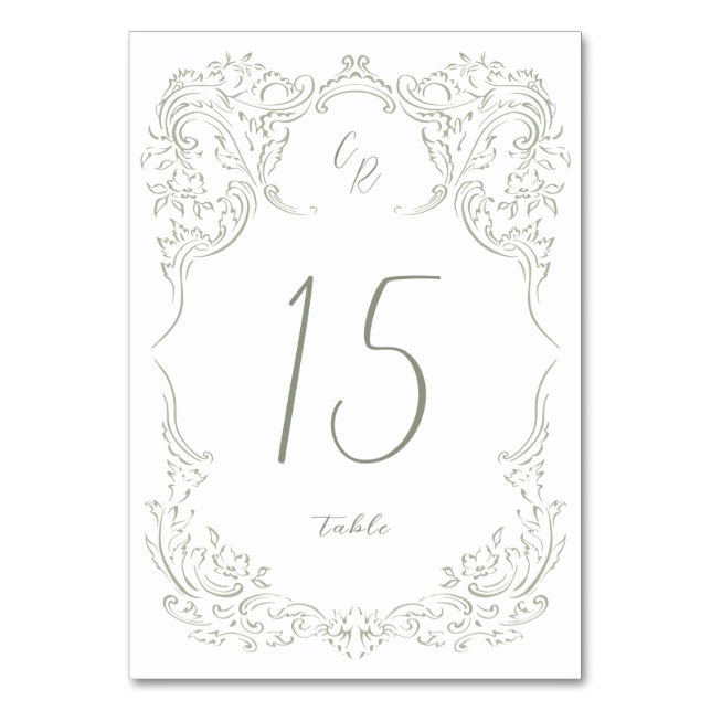 Sage Sketched Vintage Flourish Monogram Wedding Table Number (Back)