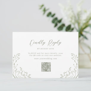 Sage Sketched Vintage Flourish QR code wedding RSVP Card