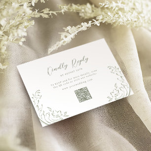 Sage Sketched Vintage Flourish QR code wedding RSVP Card