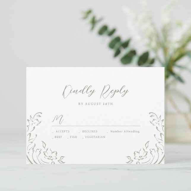Sage Sketched Vintage Flourish Wedding RSVP (Standing Front)