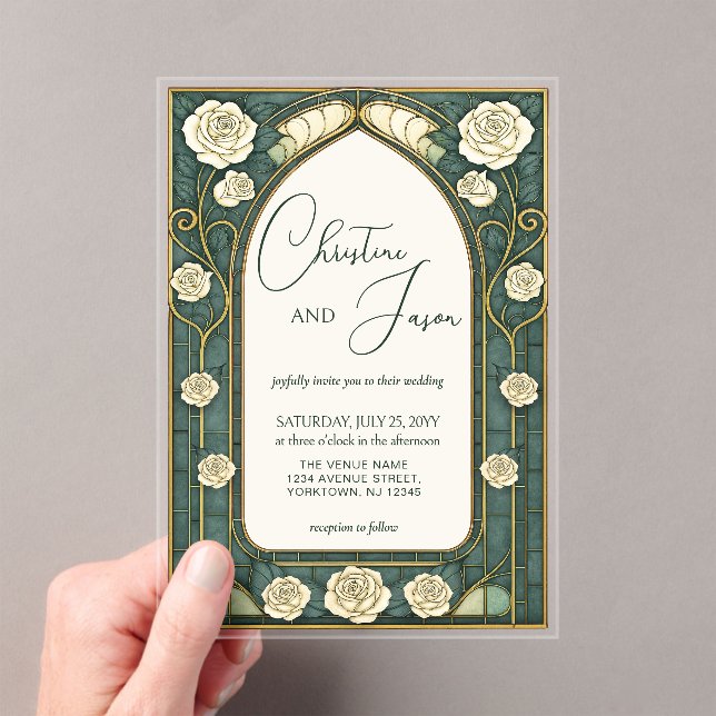 Sage Stained Glass Floral Art Nouveau Wedding  Acrylic Invitations (Insitu (Handheld))