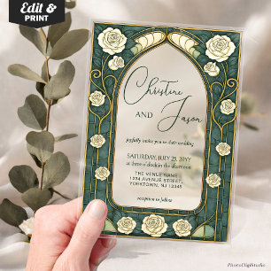 Sage Stained Glass Floral Art Nouveau Wedding Acrylic Invitations