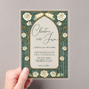 Sage Stained Glass Floral Art Nouveau Wedding Acrylic Invitations