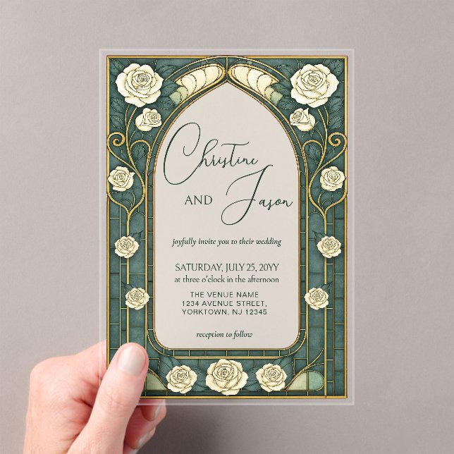 Sage Stained Glass Floral Art Nouveau Wedding  Acrylic Invitations (Insitu (Handheld))