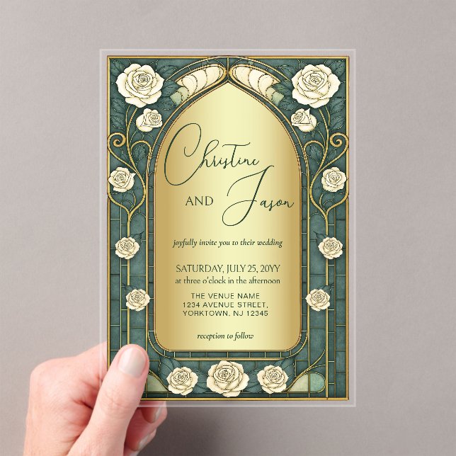 Sage Stained Glass Floral Art Nouveau Wedding  Acrylic Invitations (Insitu (Handheld))