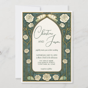 Sage Stained Glass Floral Art Nouveau Wedding  Invitation