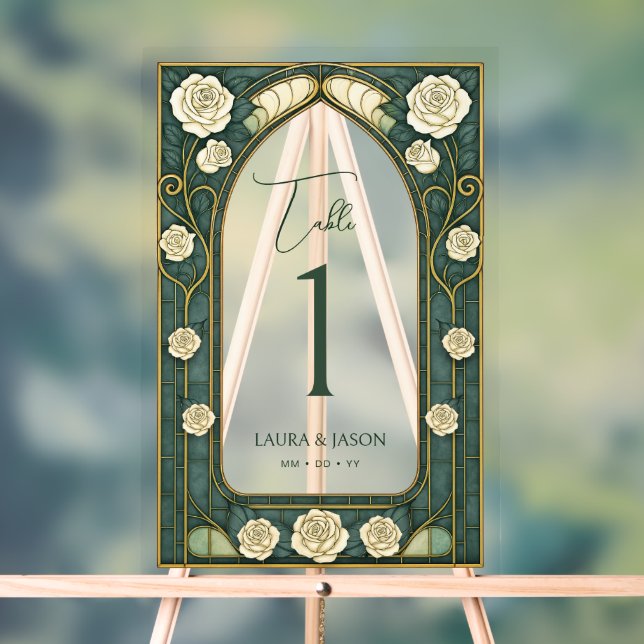 Sage Stained Glass Floral Wedding Table Number Acrylic Sign (Neutral)
