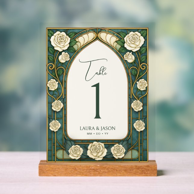 Sage Stained Glass Floral Wedding Table Number Acrylic Sign (Neutral)