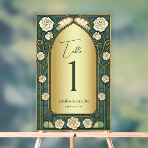 Sage Stained Glass Floral Wedding Table Number Acrylic Sign