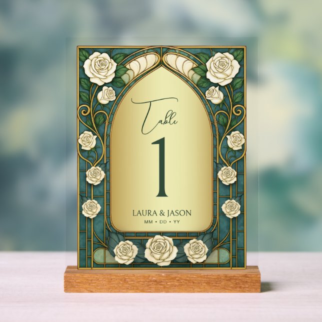 Sage Stained Glass Floral Wedding Table Number Acrylic Sign (Neutral)