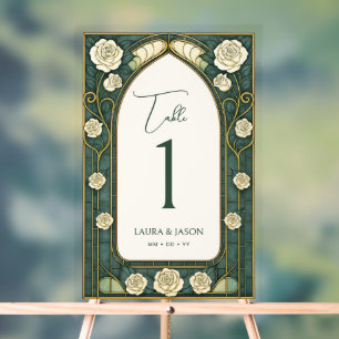 Sage Stained Glass Floral Wedding Table Number Acrylic Sign