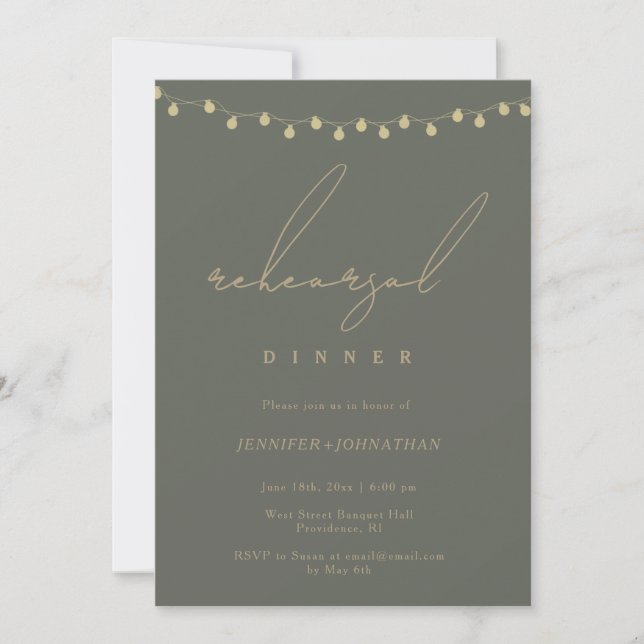 Sage String Lights Rehearsal Dinner Invitation (Front)