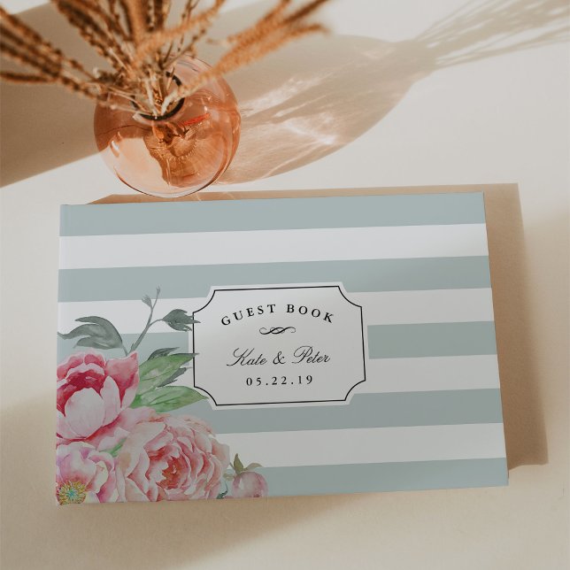 Sage Stripe & Antique Blush Peony Wedding Guest Book (Creator Uploaded)