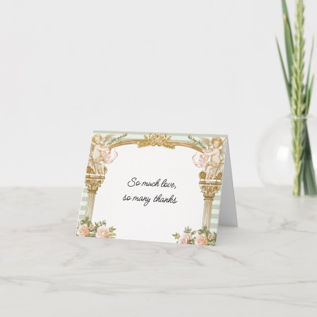 Sage Stripe Cherub and Blush Floral Thank You Card (Front)