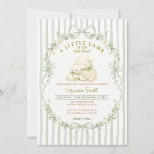 Sage Stripe Little Lamb Baby Shower Invitation