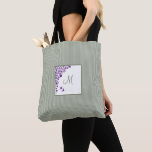 Sage Stripe Purple Floral Initial Script Monogram Tote Bag