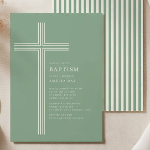 Sage Striped Cross Baptism Invitation 