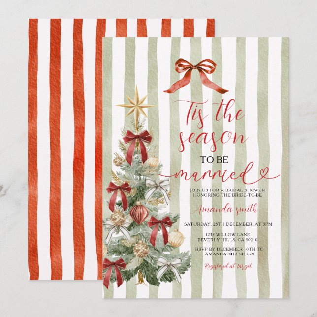 Sage Stripes Red Bow Christmas Tree Couple Wedding Invitation (Front/Back)