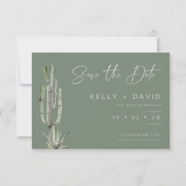 Sage Succulent Cactus Wedding Save The Date Card (Front)