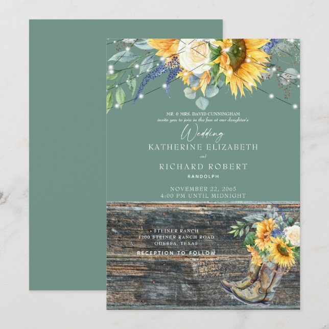 Sage Sunflower Rustic Wood Boots Lights  Invitation (Front/Back)
