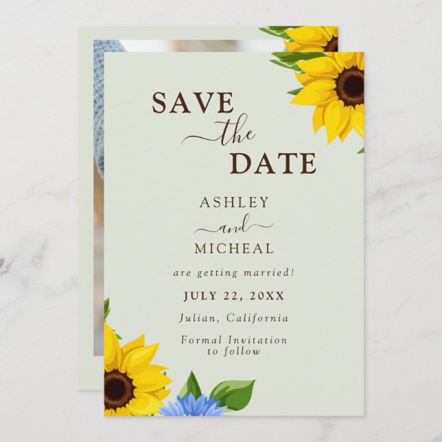 Sage Sunflower Wedding Flat Save The Date Card (Front/Back)
