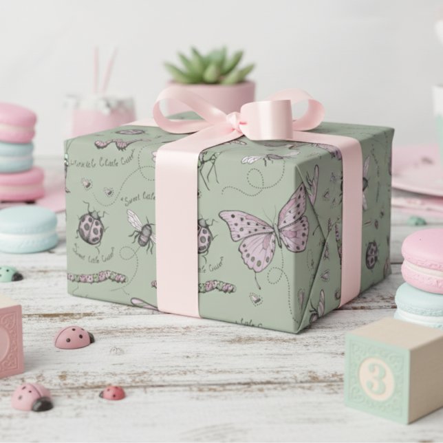 Sage Sweet Little Critter Feminine Blush Pink  Wrapping Paper (Cute Pink & Sage Girly Insect Wrapping Paper for Baby Shower, Bug Birthday Party & 1st Bday for Kids)