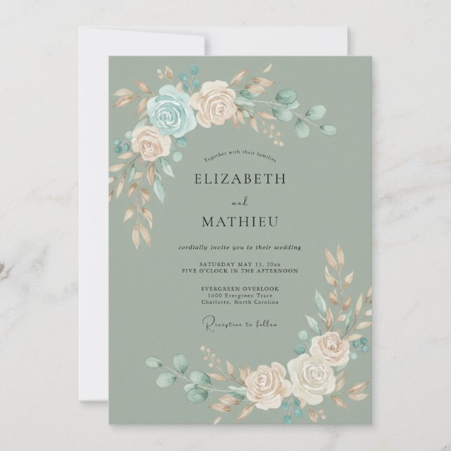 Sage Teal Botanical Serene Wedding Invitation (Front)