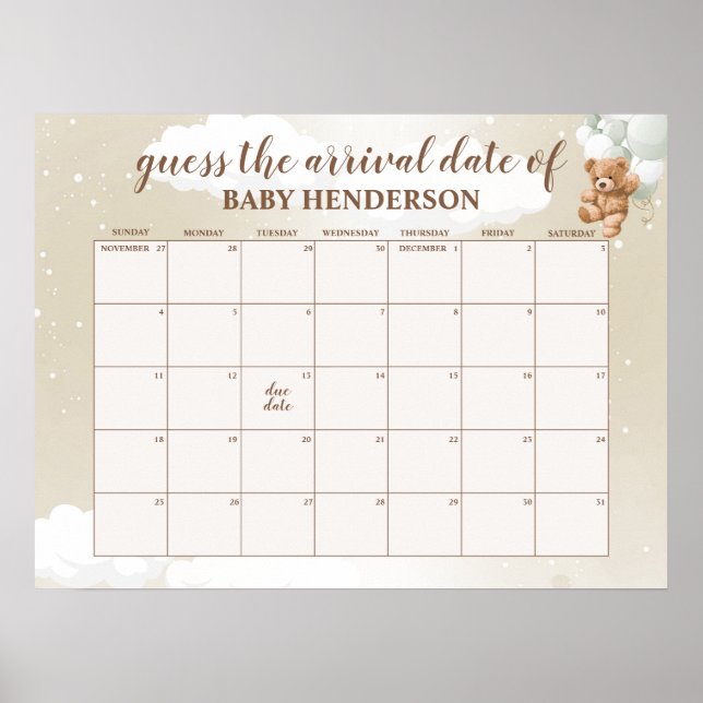 Sage Teddy Bear Guess The Due Date Calendar Poster (Front)