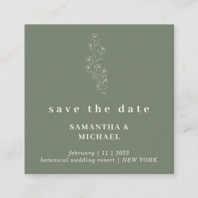 Sage Tiny Floral Mini Square Wedding SAVE the Date Enclosure Card (Front)
