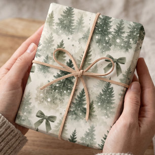 Sage Velvet Bow Pine Forest Christmas Wrapping Paper Sheet