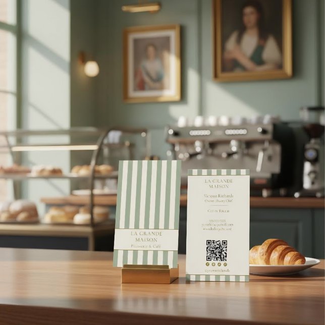 Sage Vertical Stripes French QR Code Bakery Business Card (Creator Uploaded)