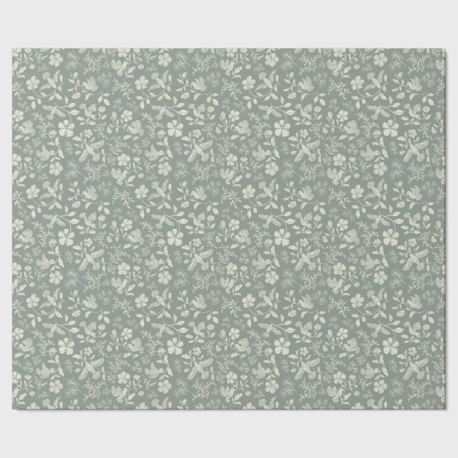 Sage Vintage Floral Bird Print Wrapping Paper (Seam)