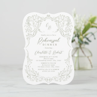 Sage Vintage Flourish Monogram Rehearsal Dinner Invitation